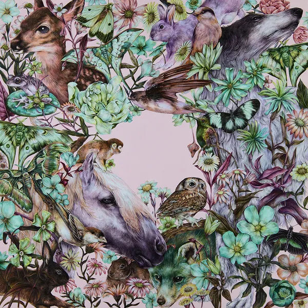 Painting of a deer, horse, owl, wolf, and rabbits emerged in flowers and plants.