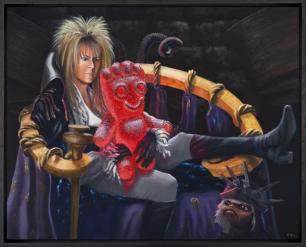 Painting of a man with long blonde hair sitting on a chair holding a large red sour patch kid