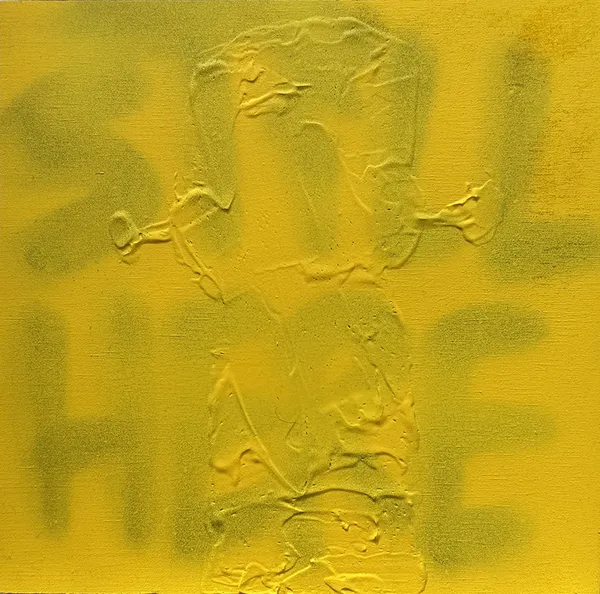 yellow canvas with the words "Still Here" and a robot figure