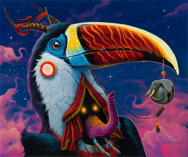Dulk painting of toucan with elephant trunks in pink / blue sky background