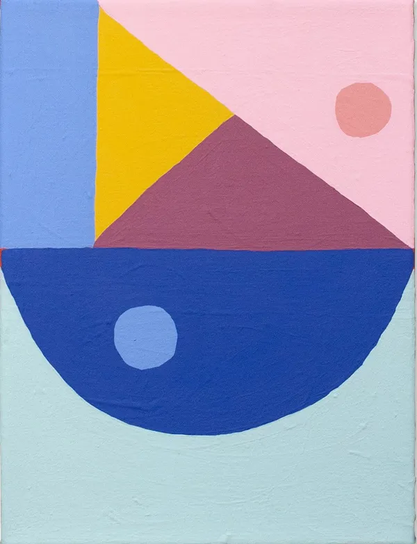 Abstract painting with different shapes in shades of blue, pink and yellow