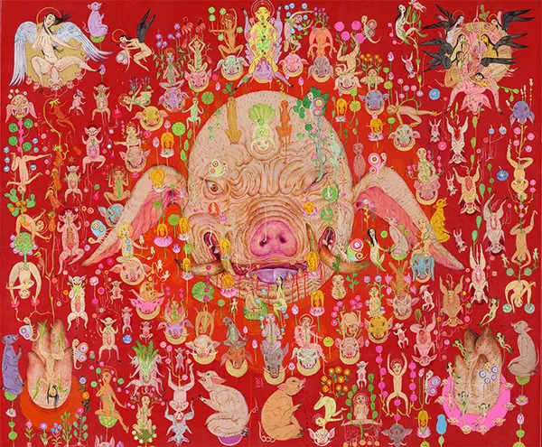 fantastical painting of a pigs head and a large variety of small creatures surrounding the head by Mu Pan