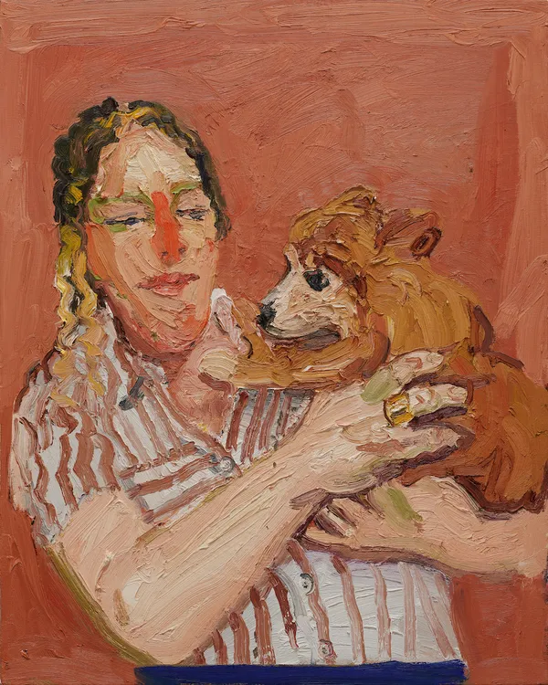 Portrait by Emilio Villalba of a woman wearing a red and white stripped button up shirt and holding a small brown dog