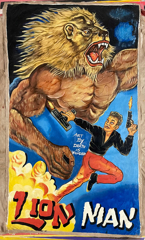 Deadly Prey (Death is Wonder) Lion Man (Gunman), 2020’s oil and enamel on flour sack 63 x 37 in 160 x 94 cm