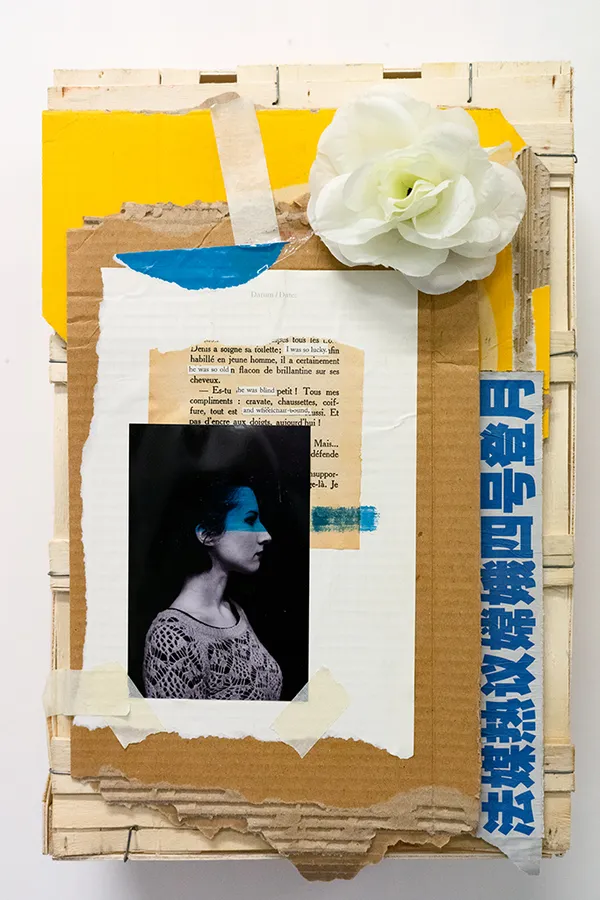 Collage incorporating portraiture and found materials by John Wentz