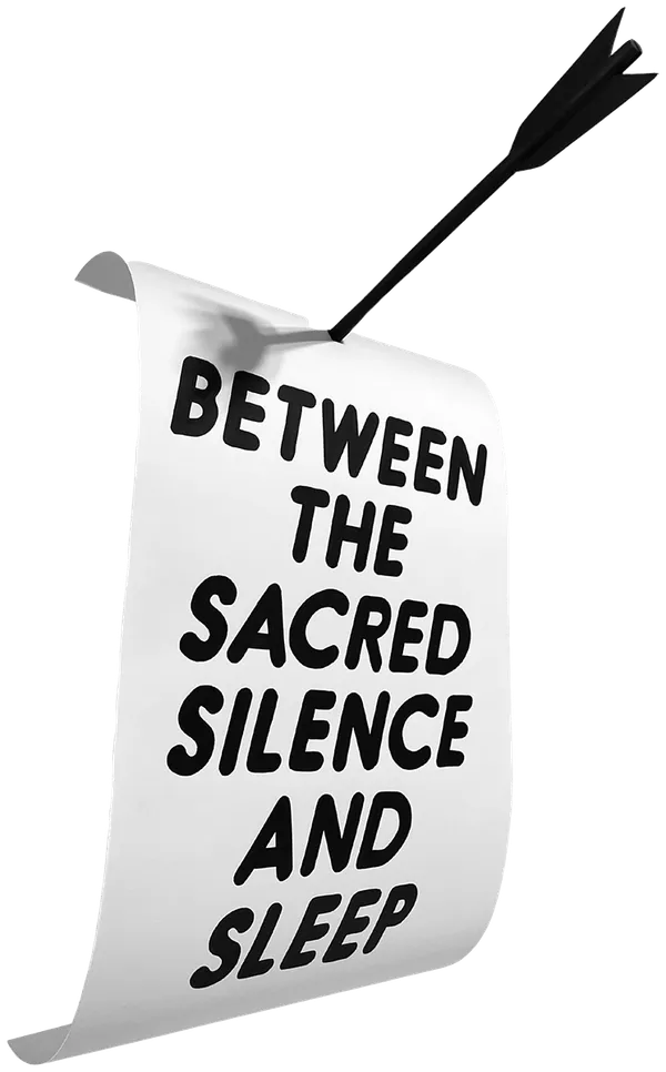 white scroll with all uppercase black text and an arrow going through the paper at the top