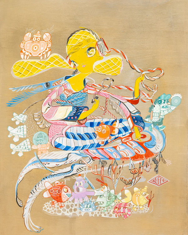 A painting by KeFe of a golden yellow mermaid creature surrounded by little sea creatures. There are lots of vivid colors and patterns.