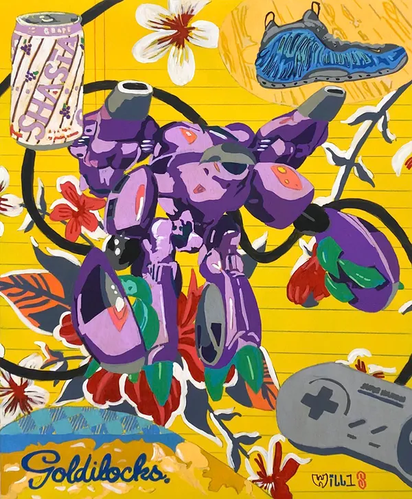 Painting of a robot, soda can, sneaker, and video game controller on a yellow background