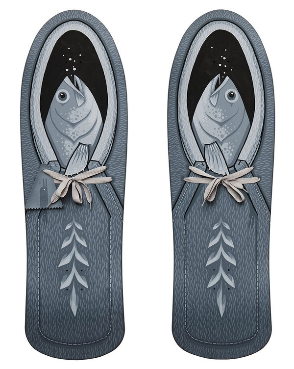 Set of two skate decks painted in a grayscale depicting a set of fish nestled in a carrier, complete with tied laces and other detailing throughout by artist Jeremy Fish