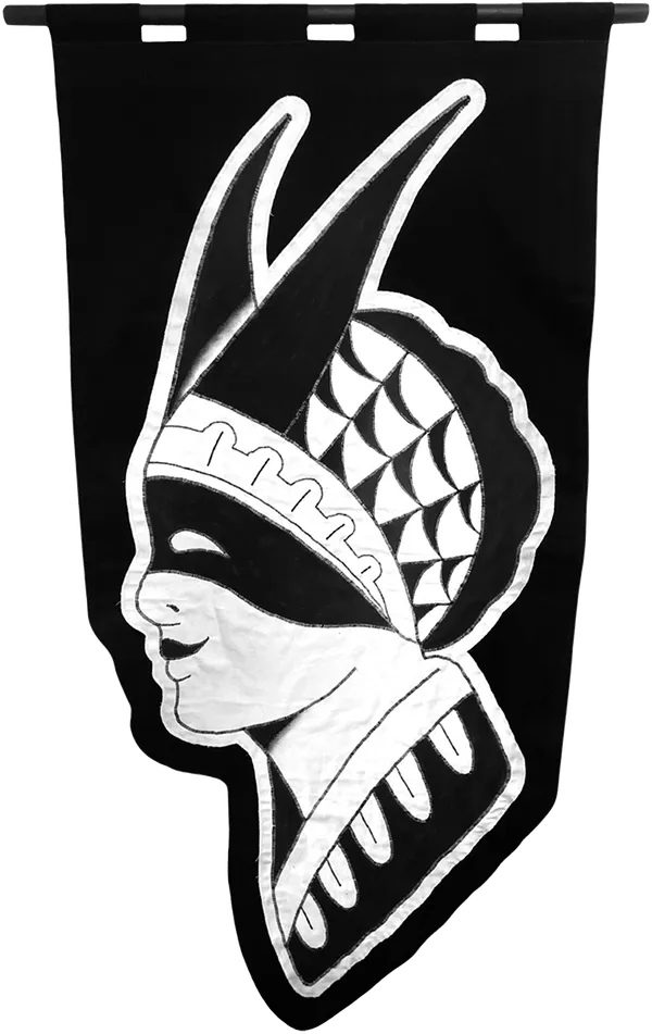 embroidered black and white banner of a person side profile wearing a mask