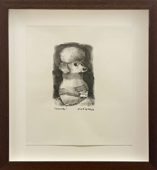 A drawing of a dog wearing a turtleneck sweater.