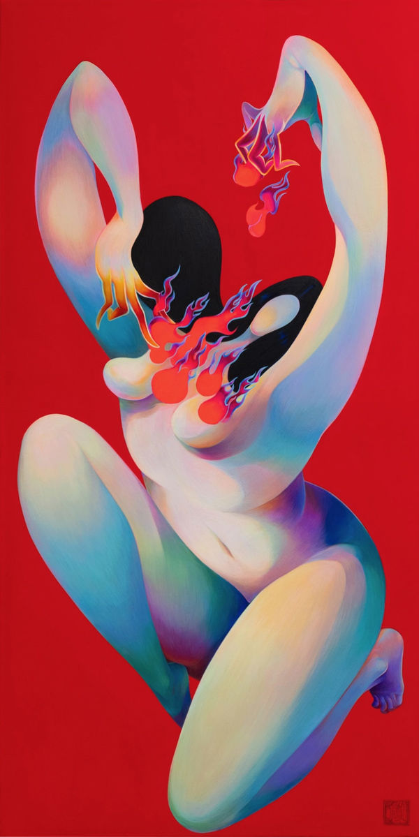 Hanna Lee Joshi Yearning and Desire, 2024 acrylic gouache, color pencil on canvas 36 x 18 in 91.4 x 45.7 cm