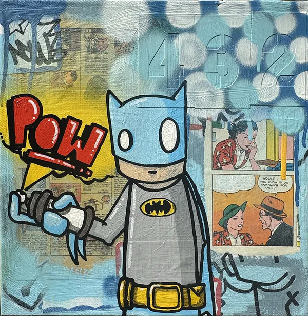 batman character holding spray paint can against a blue background