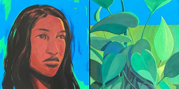 Dennis Brown - Painting of a women with plants. The work is form with two separated square canvas.