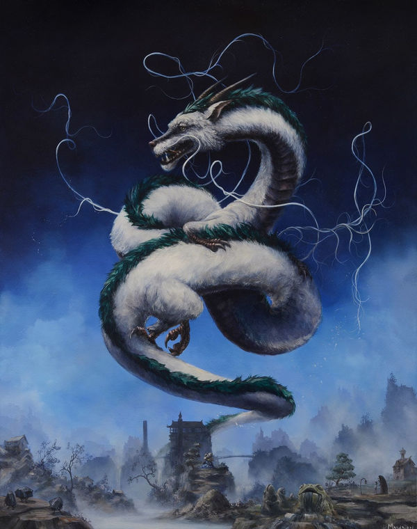 Painting of a grey dragon on a blue foggy background
