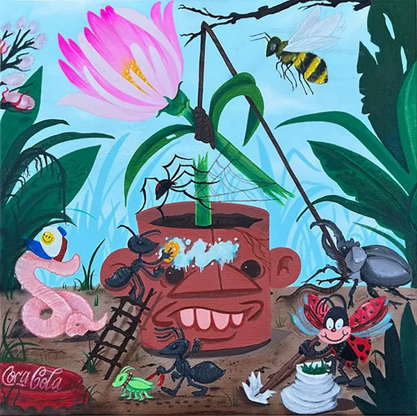 Painting of a pink flower in a pot with bugs flying and crawling around it