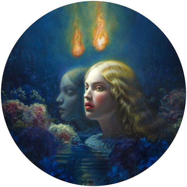 Circular painting of a girl submerged under water up to her neck with a flame above her head