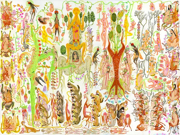 Mu Pan painting of animals and human hybrid creatures eating, fighting, sleeping, etc