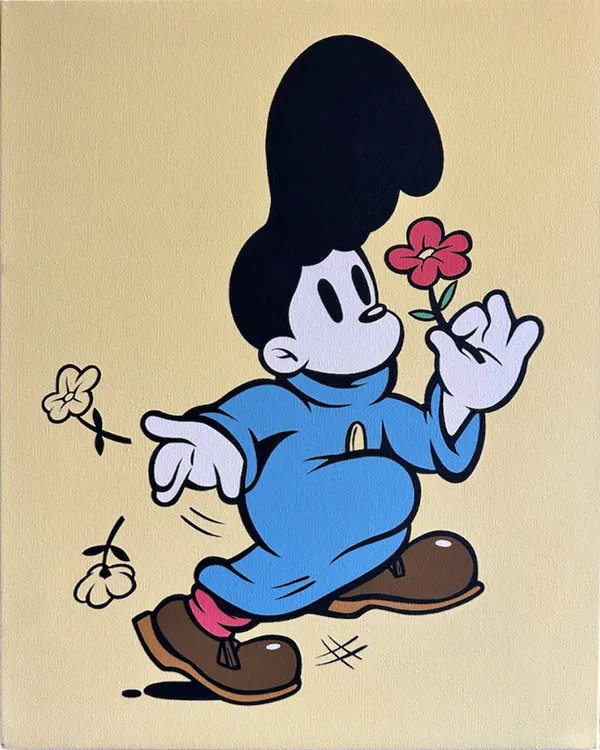 Painted of an animated figure holding a red flower