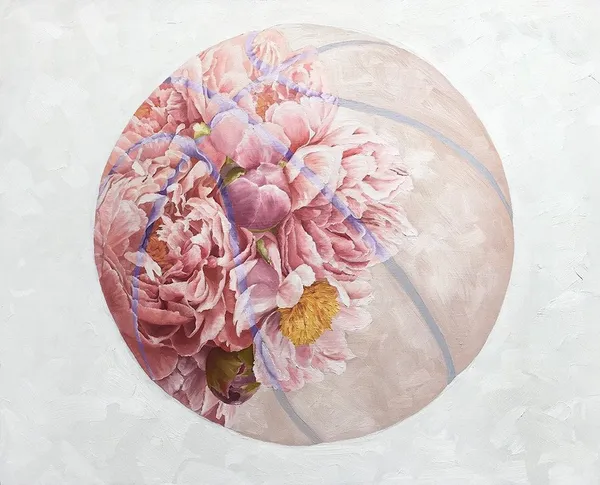 Parkayla Biehn painting with pink flower on floating ball