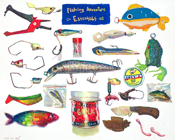 Painting of colorful fishing bait and hooks with the words "Fishing Adventure Essentials"