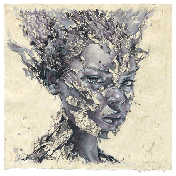 black and white portrait of a woman with torn pages flying off her face