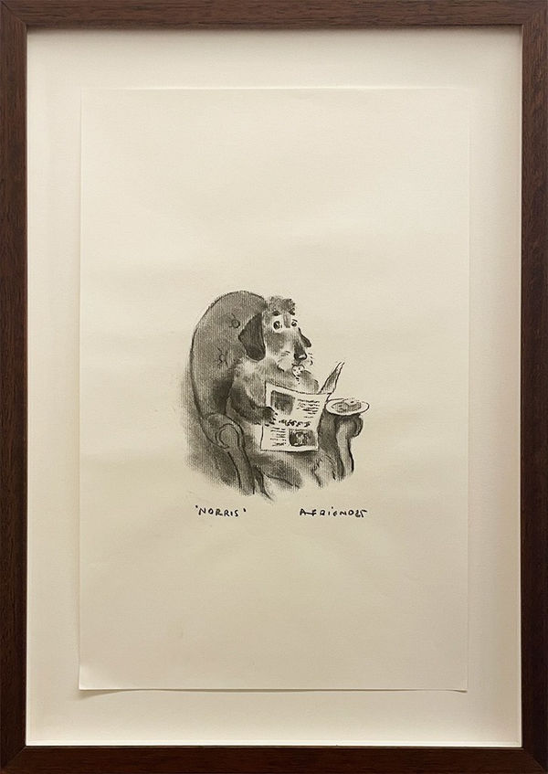 A drawing of a dog sitting in a large chair reading a newspaper and eating cookies.