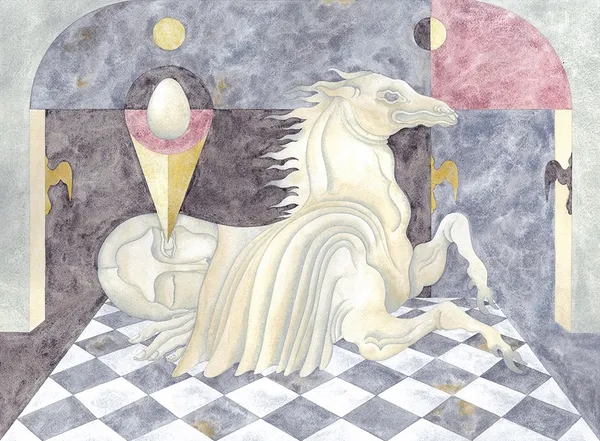 Watercolor painting by Lou Benesch of a white horse with a human face attached the back of it laying on a checker board floor