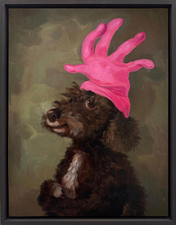 A painting of a brown dog wearing a pink glove on its head.