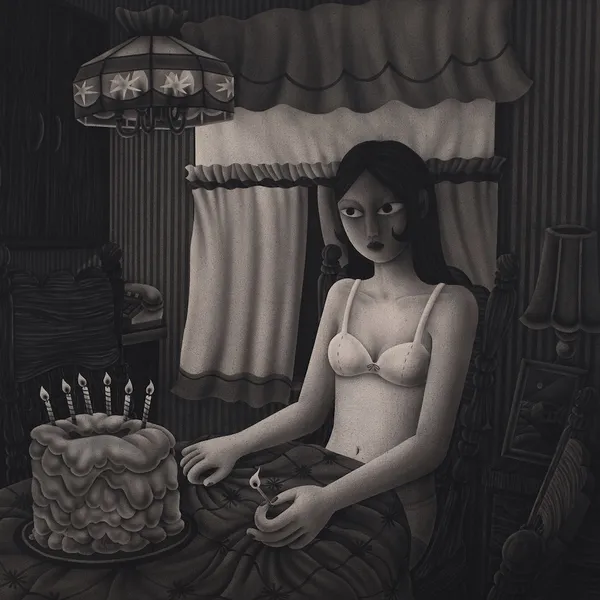 black and white painting of a woman in a bra seated in front of a birthday cake with lit candles. The woman is holding a lit match