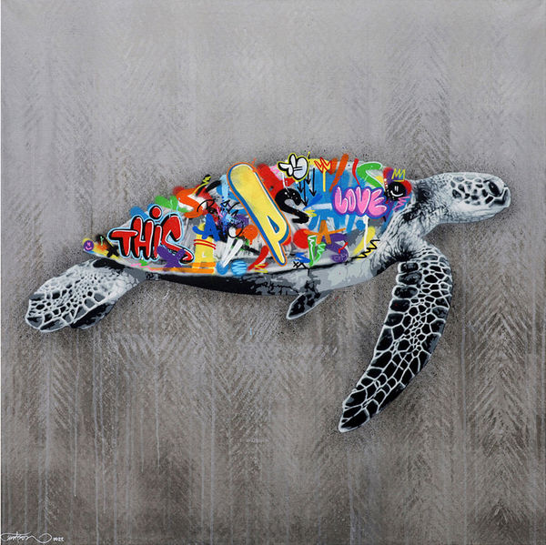 Martin Whatson Sea Turtle, 2022 stencil, spray paint and acrylic on canvas 39 3/8 x 39 3/8 in 100 x 100 cm Edition of 3 (Edition record)