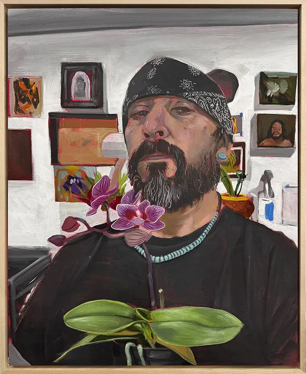 Painting of a man with a beard wearing a bandana standing behind a purple orchid