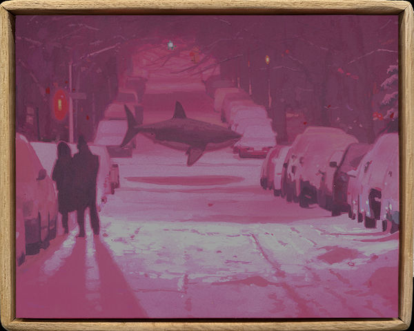 Painting by artist Chris Austin depicting a hazy pink street covered in snow at night. On the right, a silhouetted couple walks along parked cars while a shark floats behind them.
