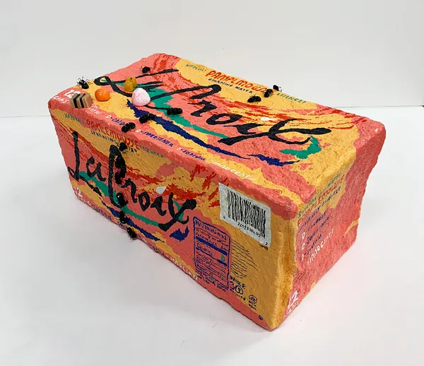 Nic Dyer mixed media sculpture of Pamplemousse La Croix box, ants and candy on outside