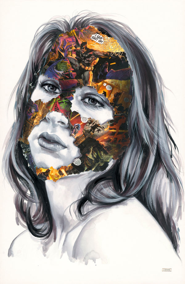 black and white woman with a face mask made of colorful comic book characters
