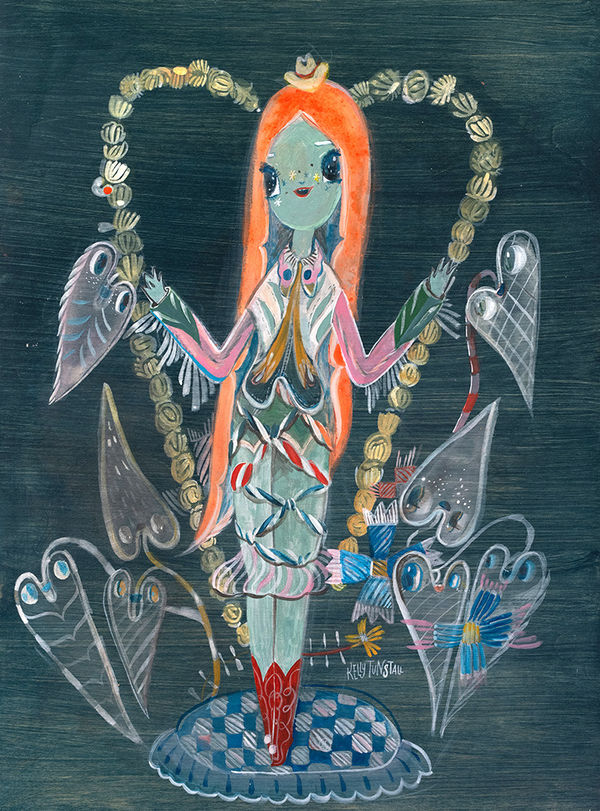 A painting by Kelly Tunstall of a woman character adorned in lots of layers and patterns, she is surrounded by leafy plants and a heart shaped arch. She is bright and vivid with colors and patterns and the background is a dark teal black.