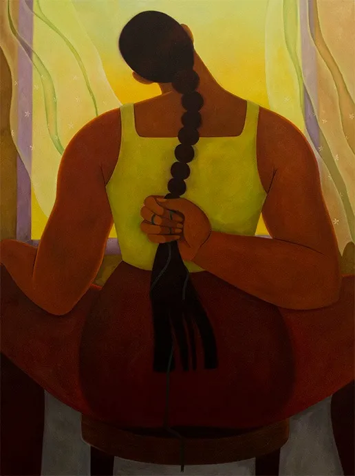 Woman with an arm behing her back holding her hair braid