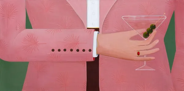 Painting by Angela Burson of a man in a salmon pink suit, embellished with palm tree details holding a martini