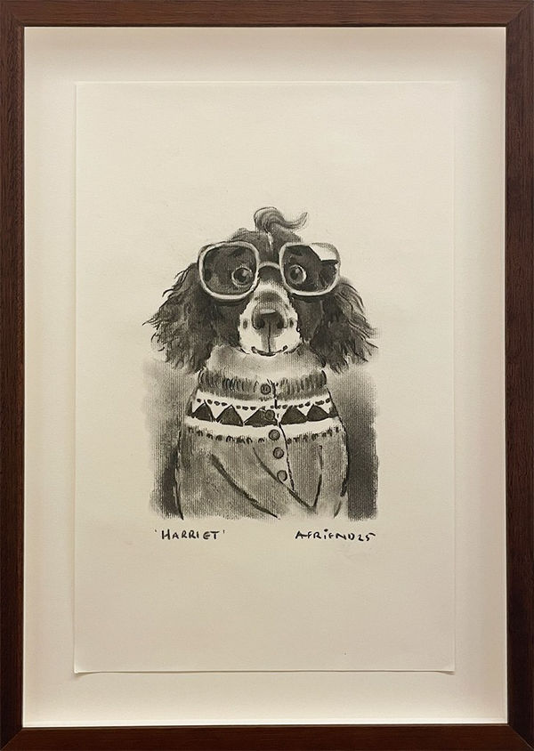 A drawing of a dog wearing a patterned sweater and glasses.