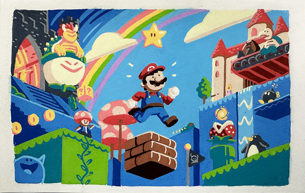 Painting of Mario from Super Mario World jumping on a brick cube