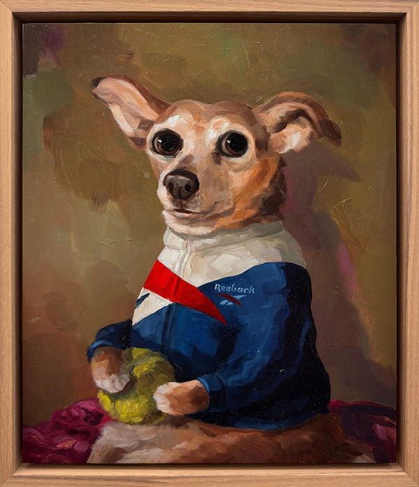 A painting of a brown dog wearing a red white and blue jacket and holding a tennis ball.