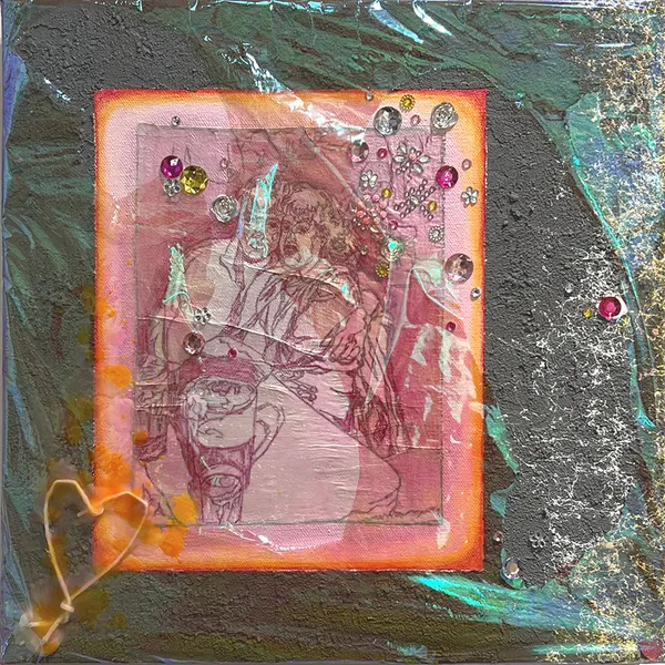 ellophane, duct tape, and other tactile materials on a pink drawing of two figures