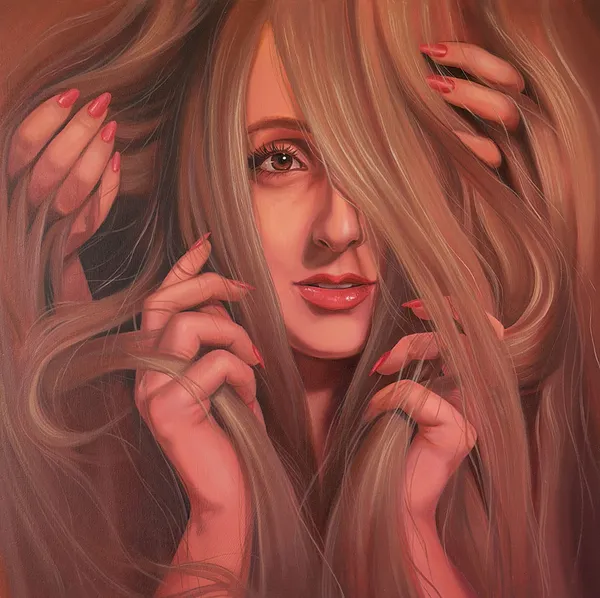 Painting of a woman's face peeking out from long blonde hair with four hands in it