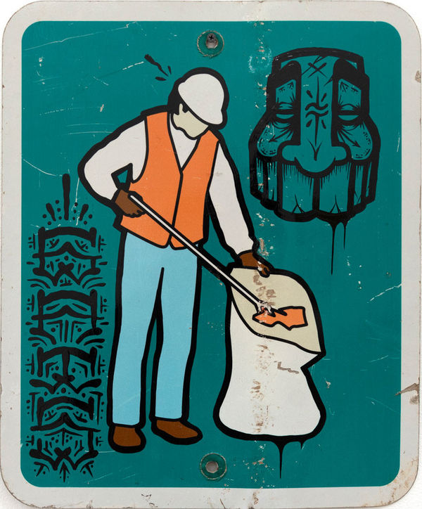 Blue metal sign with a man picking up garbage with a white cap on and an orange vest on a blue background with GATS graffiti on it