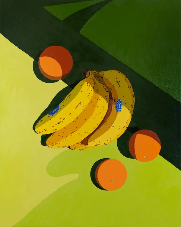 Natalia Juncadella painting of grass, shadows, oranges and bananas
