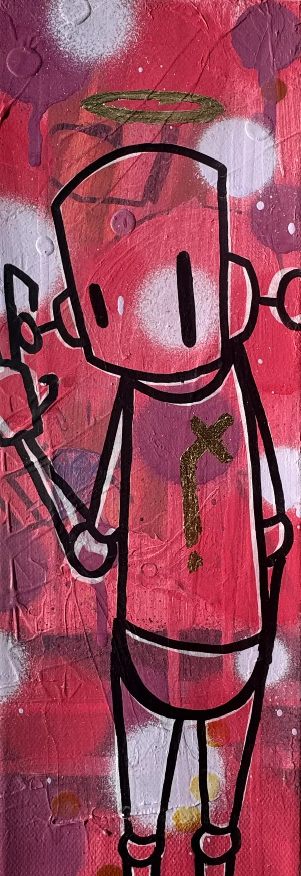 black outlined robot against a pink background with white polka dots