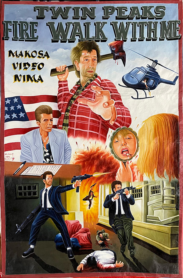 Painted poster for the movie "Twin Peaks Fire Walk with me" of a man with an ax, a helicopter, and men in suits shooting guns.
