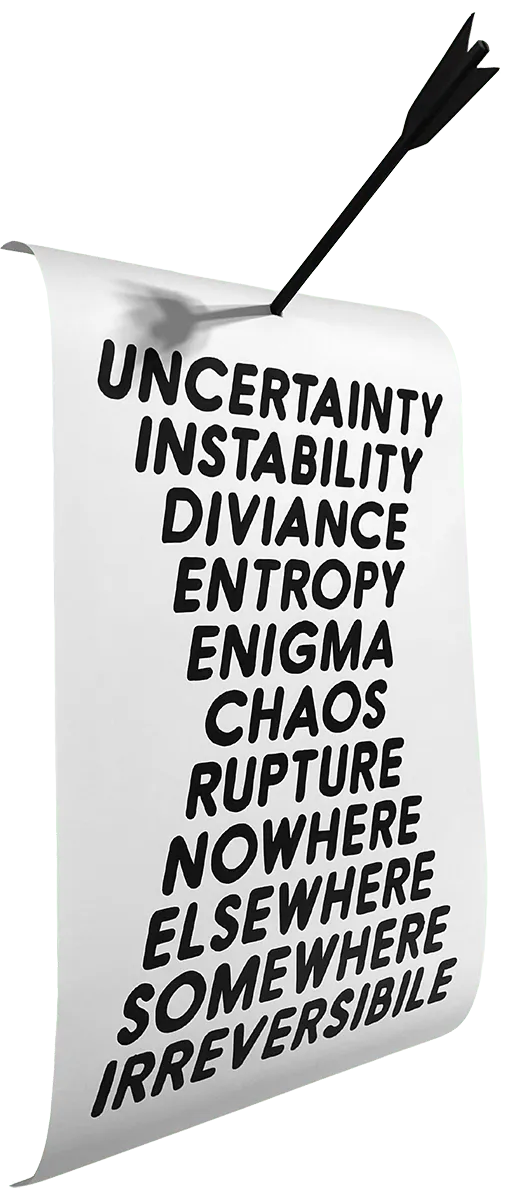 white scroll with all uppercase black text and an arrow going through the paper at the top