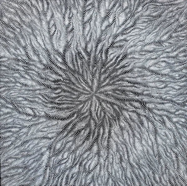 Abstract painting made up of black and white lines