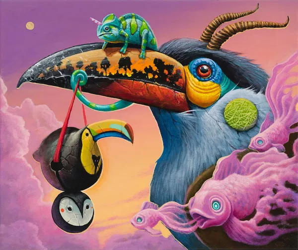 Dulk painting of toucan, fish and lizards against pink / purple / yellow sky